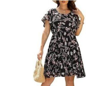 Nemidor BLack Floral Flutter Sleeve Mini Dress